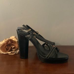 PAZZO GENUINE black leather sandal platform 4 inch slides. Size 7.